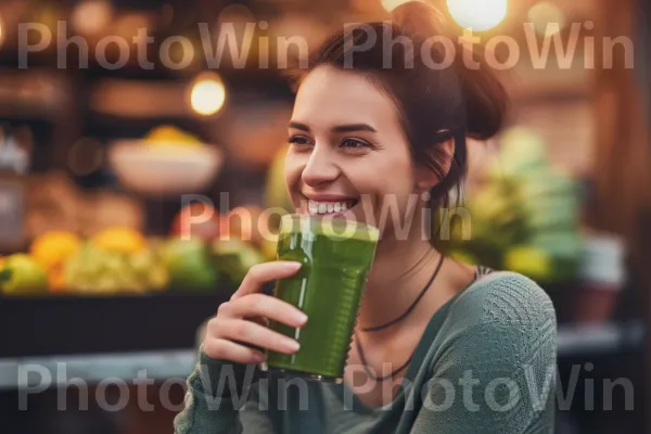 אישה חייכנית שלוגמת שייק ירוק עמוס בחומרי הזנה. חיוך, יד, לִשְׁתוֹת