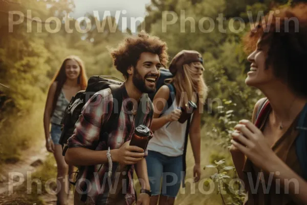 קבוצת חברים תוססת שנהנה יחד מטיול בחוץ. אנשים בטבע, שַׂמֵחַ, אוֹר שֶׁמֶשׁ