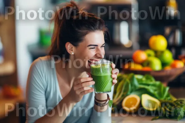 אישה חייכנית שלוגמת שייק ירוק עמוס בחומרי הזנה. מזון, כלי שולחן, ליים