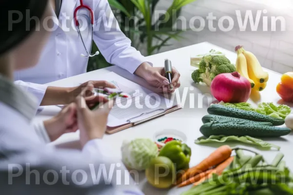 תזונאית מקצועית הנותנת ייעוץ תזונה מותאם אישית. שולחן, כלי שולחן, מתכון