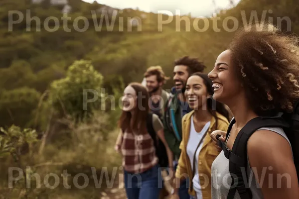 קבוצת חברים תוססת שנהנה יחד מטיול בחוץ. חיוך, אנשים בטבע, מחווה