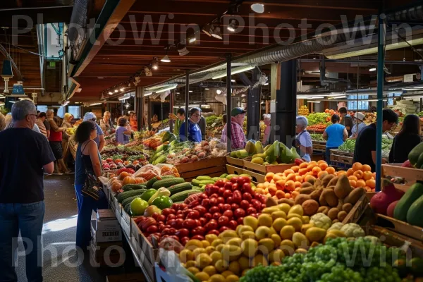 שוק איכרים תוסס המציג פירות וירקות טריים. מזון, צמיג, צמח