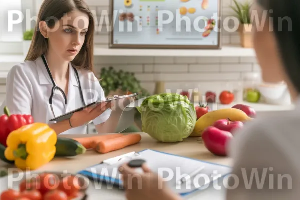 תזונאית מקצועית הנותנת ייעוץ תזונה מותאם אישית. שולחן, מתכון, מזון