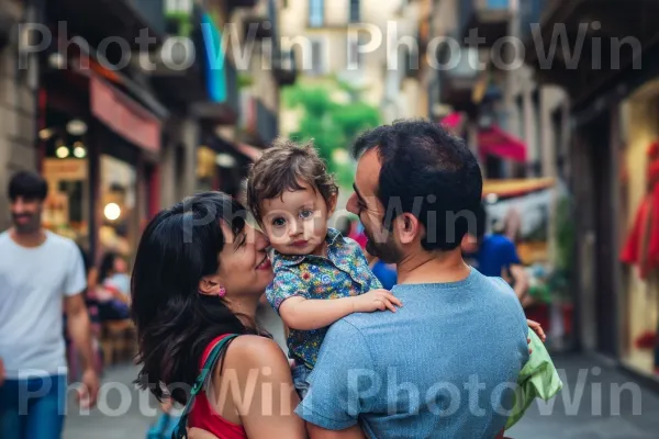 משפחה אוהבת חוקרת את הרחובות הקסומים של ברצלונה. תסרוקת, כָּתֵף, שַׂמֵחַ