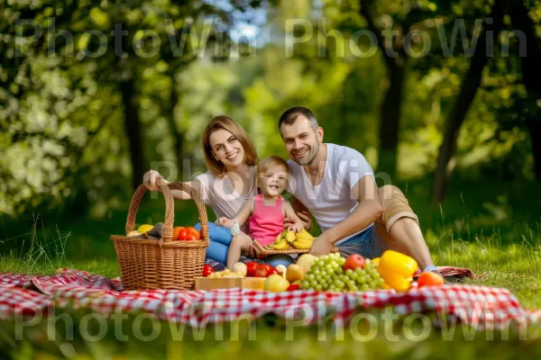 משפחה נהנית מפיקניק מלא במאכלים ביתיים בריאים. חיוך, מזון, עלה