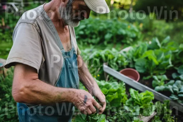 חקלאי מטפל בגינת הירק האורגנית שלו, ומקדם חיים מחווה לשולחן. זָקָן, ירק עלים, אנשים בטבע