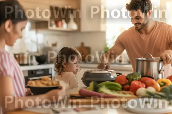 קשר משפחתי על ארוחה ביתית בריאה, הממחישה את ערכה של הזנה משותפת. מזון, שולחן, צַלַחַת