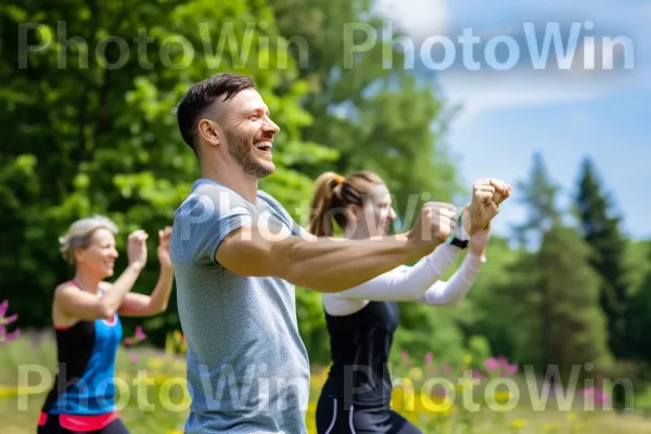 אנשים מחייכים שנהנים מאימון חיצוני מרענן. חיוך, מִכְנָסַיִים קְצָרִים, ענן