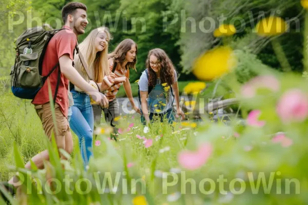 קבוצת חברים מתחברת ונהנית מטיול בטבע. אנשים בטבע, בּוֹטָנִיקָה, מזוודות ותיקים