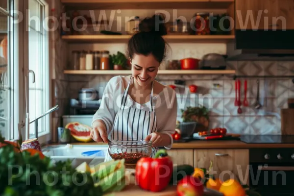 אישה חייכנית מכינה ארוחה מזינה במטבח מסודר. משטח עבודה, כלי שולחן, עגבנייה שזיף