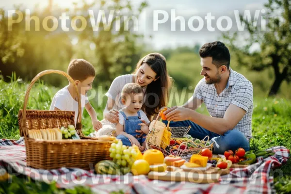 משפחה נהנית מפיקניק מלא במאכלים ביתיים בריאים. אנשים בטבע, כתום, שַׂמֵחַ