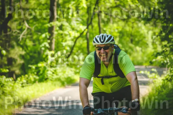 רוכב אופניים צוהל משייט לאורך שביל נופי, דוגל בתחבורה ידידותית לסביבה וכושר. קַסדָה, אופניים - ציוד ואספקה, ציוד ספורט