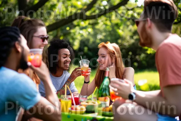 קבוצת חברים נהנית מפיקניק עם חטיפים בריאים ומים חדורי פירות. חיוך, כלי שולחן, עֵץ