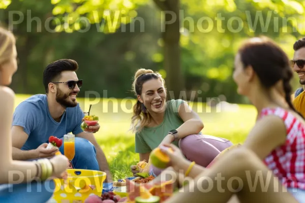 קבוצת חברים נהנית מפיקניק עם חטיפים בריאים ומים חדורי פירות. מִכְנָסַיִים קְצָרִים, שַׂמֵחַ, מישקפי שמש