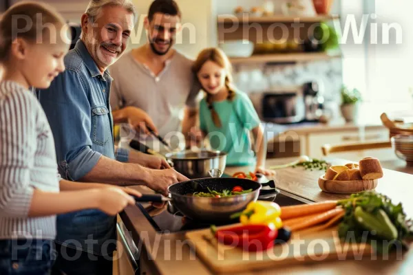 קשר משפחתי על ארוחה ביתית בריאה, הממחישה את ערכה של הזנה משותפת. מזון, מתכון, מכשיר למטבח