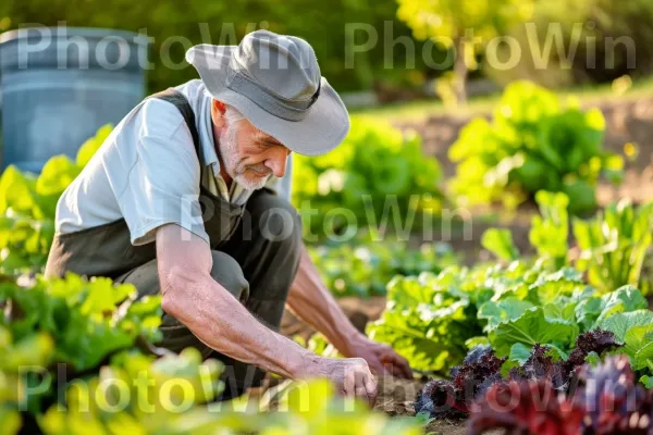 חקלאי מטפל בגינת הירק האורגנית שלו, ומקדם חיים מחווה לשולחן. אנשים בטבע, מזונות טבעיים, כובע