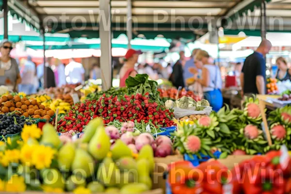 שוק איכרים תוסס וססגוני גדוש בתוצרת טרייה. מזון, מוכר, יַרקָן