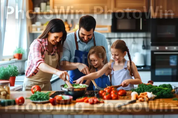 משפחה מכינה בשמחה יחד ארוחה מזינה במטבח. חיוך, מזונות טבעיים, שַׂמֵחַ