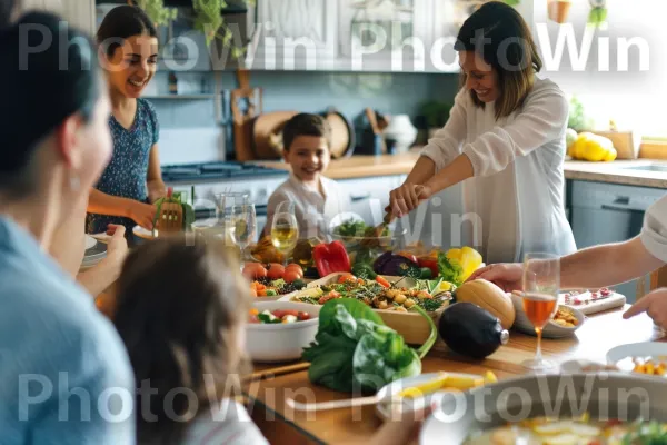 קשר משפחתי משמח על ארוחה ביתית ומזינה. מזון, פרי, מתכון