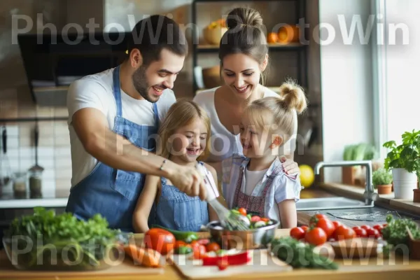 בישול משפחתי משמח במטבח מאורגן היטב. מזון, עגבנייה שזיף, ירק עלים