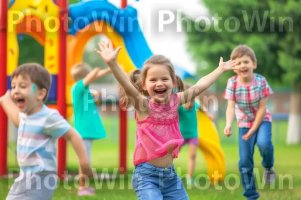 ילדים שמחים משחקים יחד ומאמצים אורח חיים פעיל. תַצלוּם, ירוק, עלה