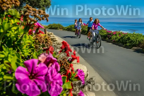 טיול אופניים משפחתי בעיירת חוף ציורית. אופניים, צמח, גַלגַל