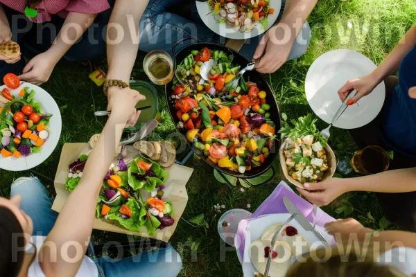 חברים מתחברים לפיקניק בריא עם סלטים תוצרת בית. כלי שולחן, כתום, מִטְבָּח