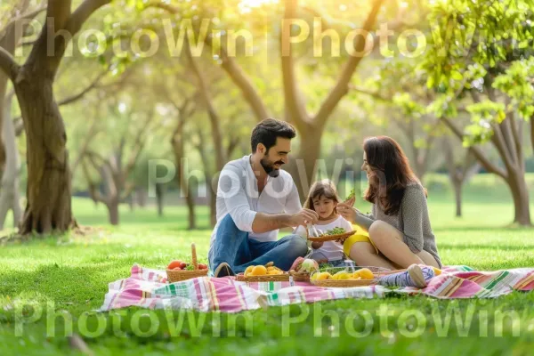 משפחה מאושרת נהנית מפיקניק מלא באוכל בריא ומזין. צמח, בּוֹטָנִיקָה, עֵץ