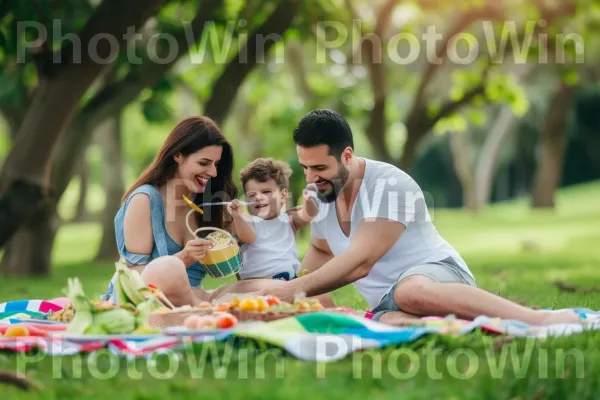 משפחה מאושרת נהנית מפיקניק מלא באוכל בריא ומזין. ירוק, עֵץ, מִכְנָסַיִים קְצָרִים