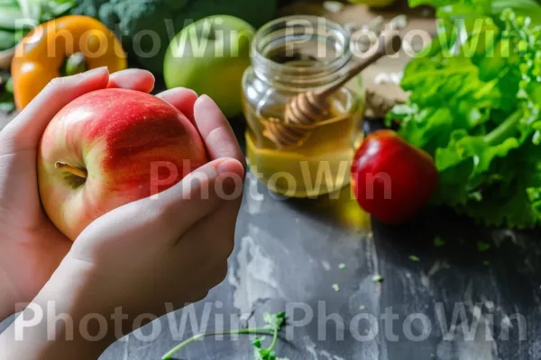 זוג ידיים אוחזות בתפוח בשל, המסמלות את היתרונות של תזונה מאוזנת. פרי, סבתא סמית, צמח