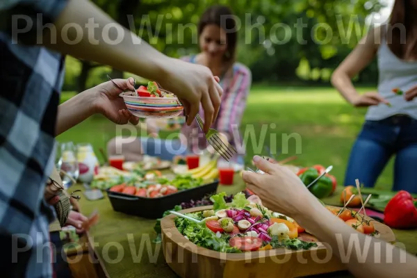 חברים מתחברים לפיקניק בריא עם סלטים תוצרת בית. כלי שולחן, שיתוף, פְּנַאִי