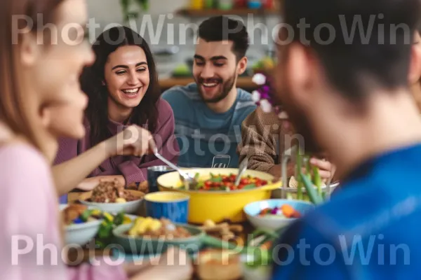 קבוצת חברים חייכנית חולקת יחד ארוחה מזינה. הַלבָּשָׁה, שיתוף, אינטראקציה