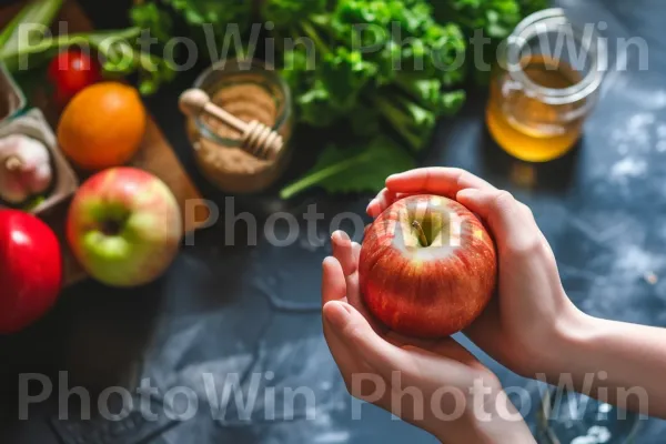 זוג ידיים אוחזות בתפוח בשל, המסמלות את היתרונות של תזונה מאוזנת. מַרכִּיב, עץ, מתכון