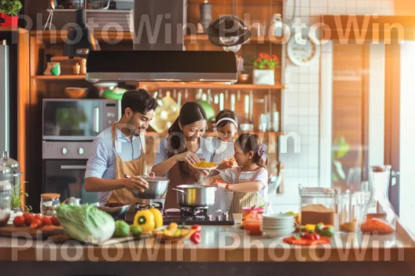 בישול משפחתי משמח במטבח מאורגן היטב. כלי שולחן, כתום, מִטְבָּח