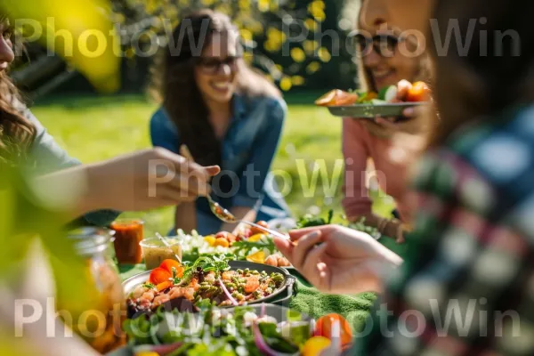 חברים מתחברים לפיקניק בריא עם סלטים תוצרת בית. מזון, כתום, קהילה