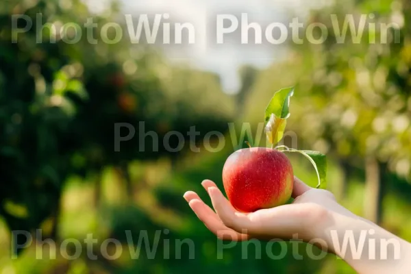 תקריב של יד מחזיקה תפוח בשל ועסיסי. פרי, מזונות טבעיים, עָלֵי כּוֹתֶרֶת