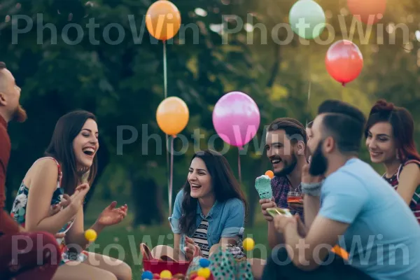 קבוצת חברים צוחקת במהלך פיקניק בפארק יפהפה. חיוך, תַצלוּם, ירוק