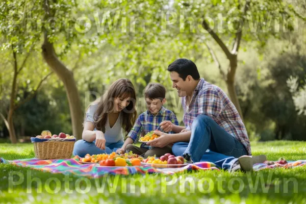 משפחה מאושרת נהנית מפיקניק מלא באוכל בריא ומזין. גִ\'ינס, צמח, עלה