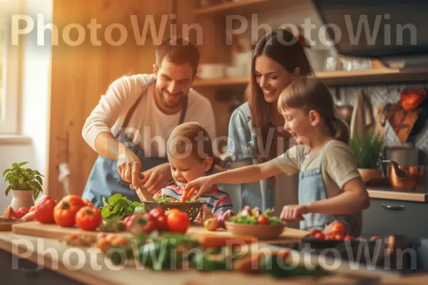 משפחה מכינה בשמחה יחד ארוחה מזינה במטבח. צמח, מזונות טבעיים, עגבניות שרי