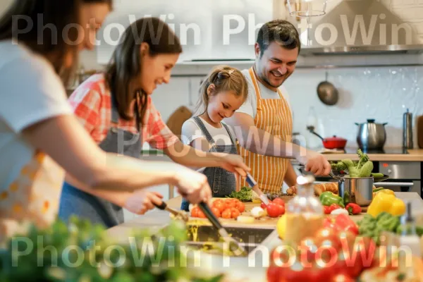 משפחה מכינה בשמחה יחד ארוחה מזינה במטבח. מזון, מתכון, מזונות טבעיים