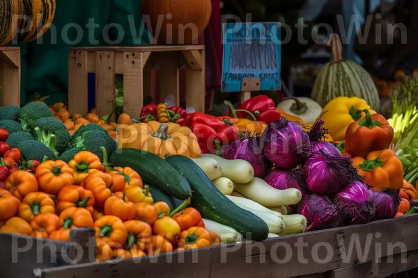 פירות וירקות טריים שנקטפו טרי מסודרים בתצוגה צבעונית. מזון, ירוק, כתום