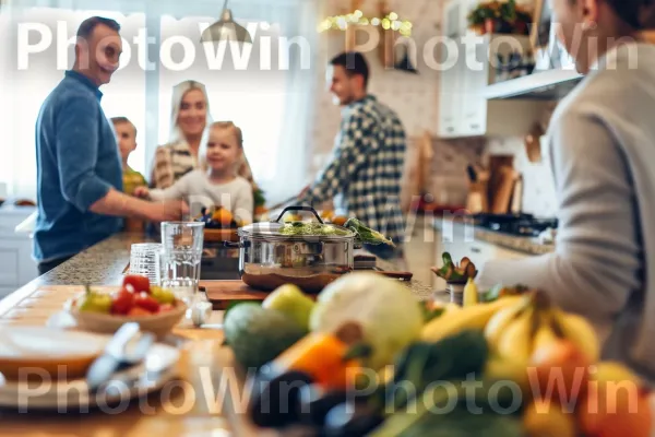 מפגש משפחתי משמח, הכנת ארוחה בריאה משותפת. מזון, שולחן, כתום