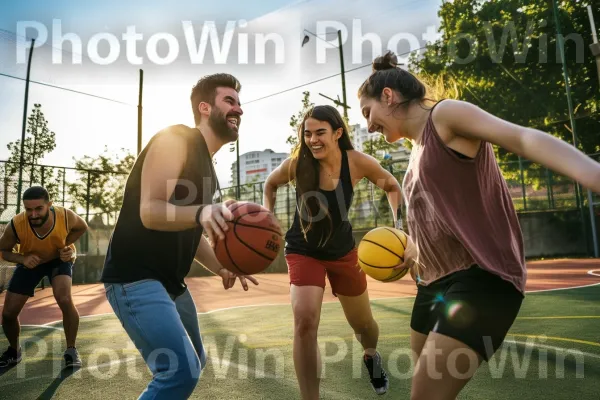 קבוצת חברים העוסקים בפעילויות ספורט בחוץ. כדורסל, מִכְנָסַיִים קְצָרִים, סטריטבול