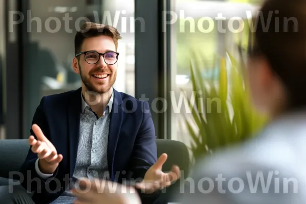 עובד המציג קידום מכירות משכנע ללקוח פוטנציאלי. משקפיים, חיוך, מחווה