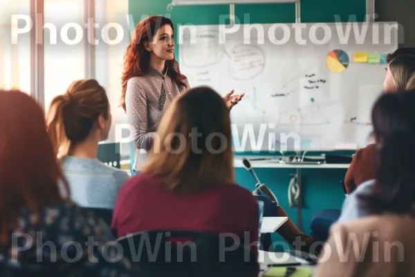 יזמית צעירה מציגה בביטחון את הרעיון העסקי שלה למשקיעים. אינטראקציה, חולצה קצרה, הִסתַגְלוּת