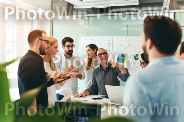 צוות מכירות בעל מוטיבציה שדן באסטרטגיות להגברת המכירות. מַחשֵׁב, בִּניָן, צרכן