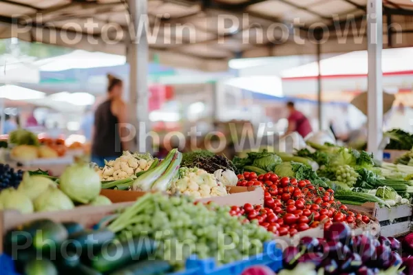 שוק איכרים המציג מגוון תוצרת אורגנית מתוצרת מקומית. ירוק, יַרקָן, פרי