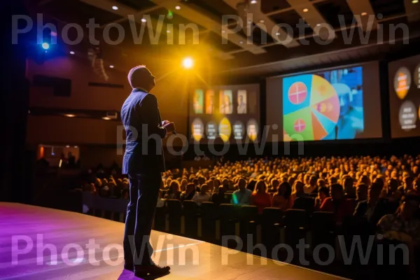 מנכ\"ל בטוח בעצמו פונה לאולם עמוס במהלך אירוע חברה. בידור, אירוע, מסך הקרנה