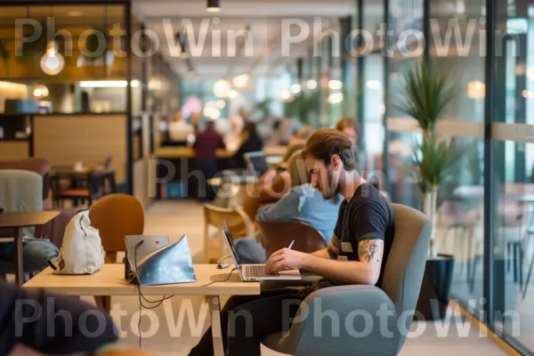 אנשי מקצוע עסוקים העובדים על מחשבים ניידים בחלל עבודה משותף מלוטש. שולחן, מחשב נייד, נוחות