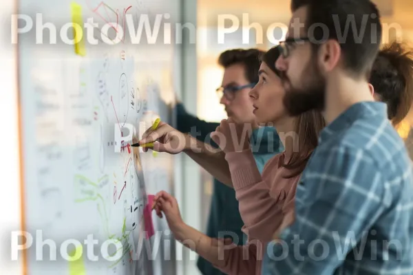 קבוצת אנשי מקצוע משתפת פעולה על לוח לבן לפתרון בעיות. יד, טרטן, אירוע